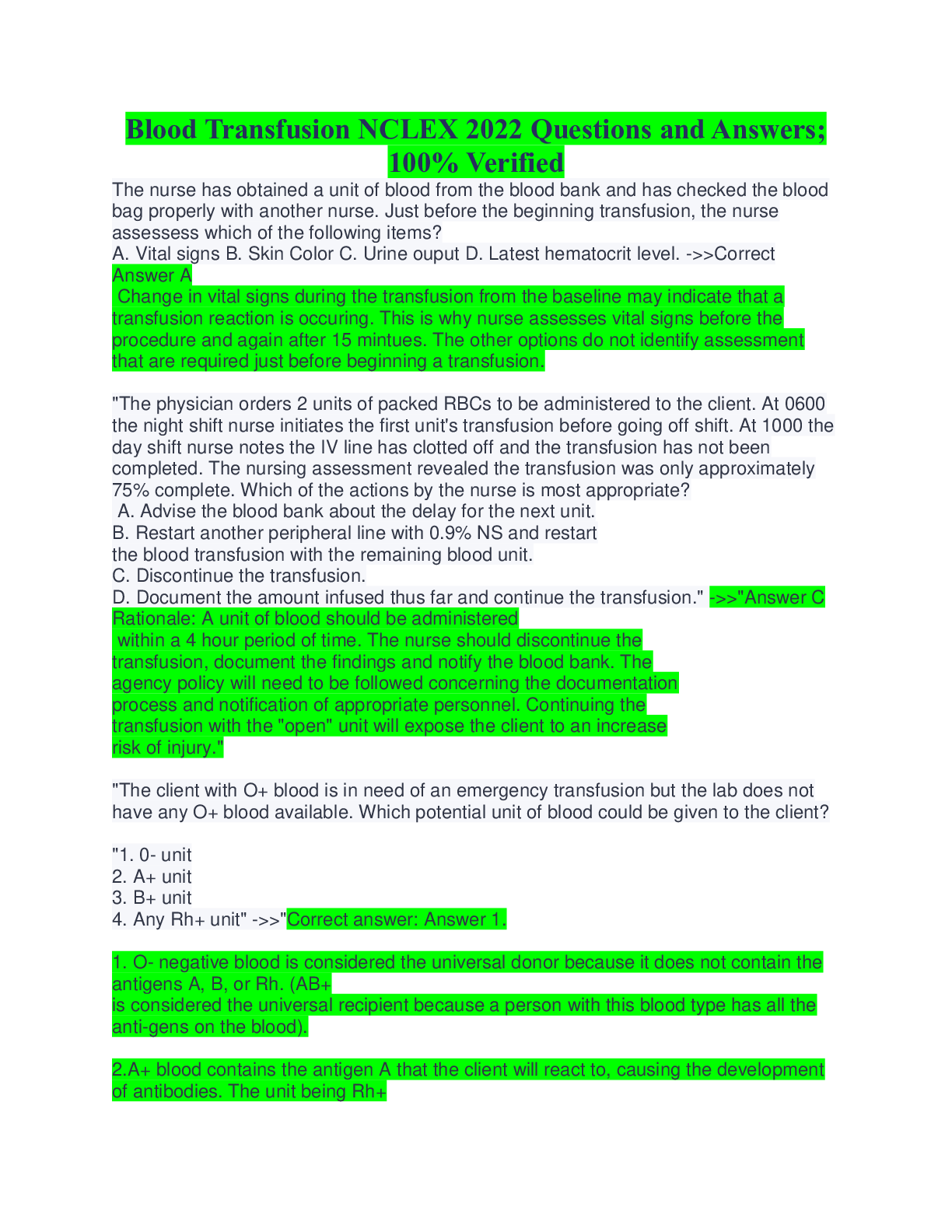 Blood Transfusion NCLEX 2022 Questions and Answers; 100 Verified